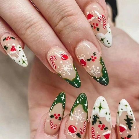 Uñas Postizas De Navidad Brillantes Ovaladas Almendras Copo De Nieve Bastón De Caramelo Árbol De Navidad Manicura De Vacaciones