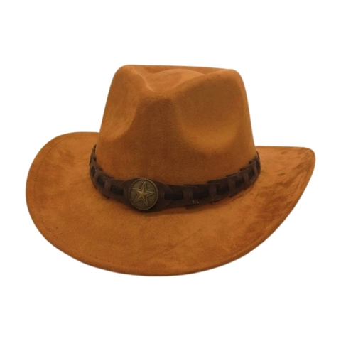 Vintage Western Cowboy Hat Faux Suede Wide Brim Retro Fedora With Metal Star Band For Outdoor Sun Protection