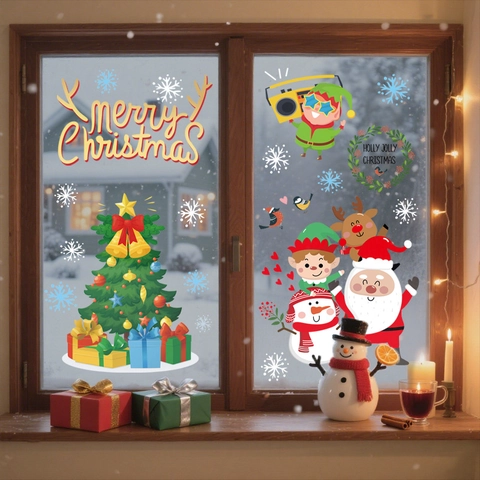 Pegatinas Ventana Navidad Estáticas PVC Papá Noel Reno Muñeco De Nieve Patrón Color Doble Cara Decoración Vidrio Festivo