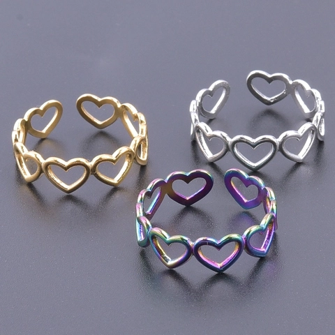 Hollow Heart Ring Stainless Steel Adjustable Open Band Simple Minimalist Style Unisex Jewelry
