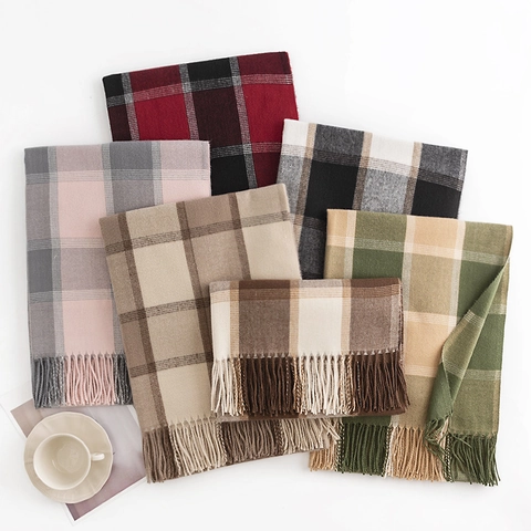 Women Plaid Scarf Imitation Cashmere Feel Warm Shawl With Tassels Preppy Style Autumn Winter Long Elegant Wrap Scarf
