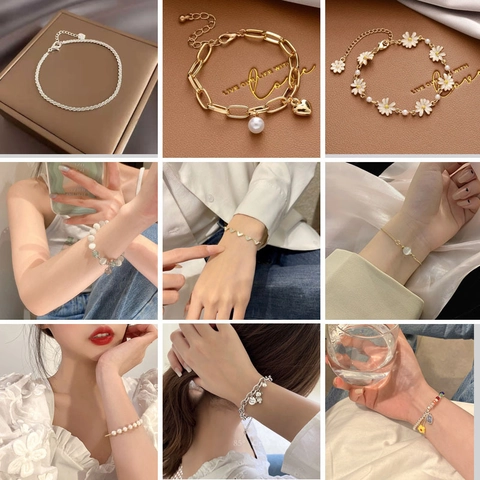 Alloy Faux Artificial Pearl Beaded Charm Bracelets For Women Korean Fashion Elegant Dainty Chain Heart Flower Butterfly Style