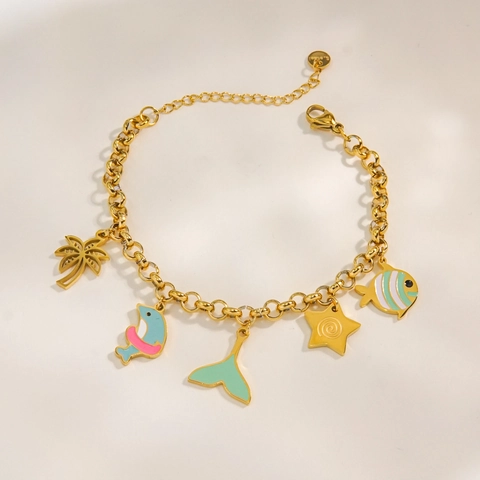 Pulsera de Charms de Acero Inoxidable de Tema Oceánico para Mujer Chapado en Oro Estrella de Mar Concha Delfín Palma Esmalte Joyería de Vacaciones