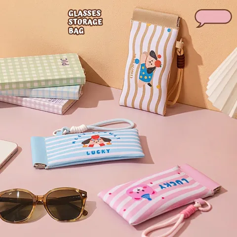 Portable Glasses Storage Bag PU Leather Squeeze Open Automatic Closure Cartoon Pattern Pouch With Lanyard