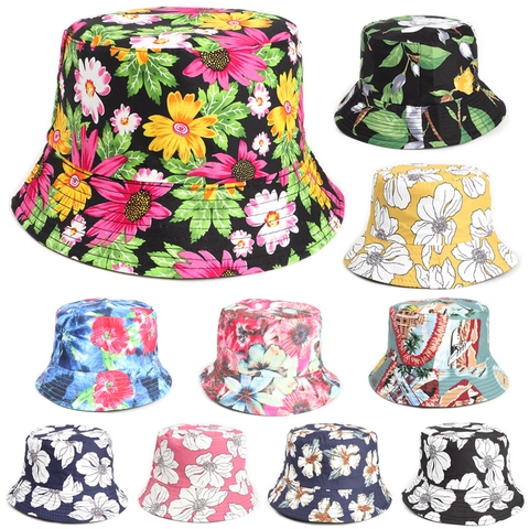 Floral Print Reversible Bucket Hat Cotton Polyester Sun Protection Summer Outdoor Ethnic Style Women Sunshade