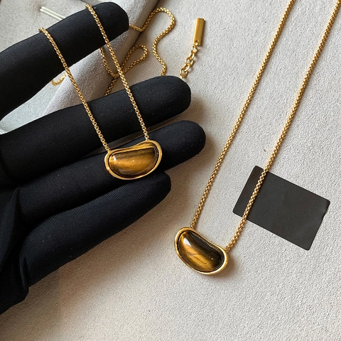 Collana Pendente Pisello Occhio Di Tigre Placcata Oro 18K Geometrico Ovale Pietra Catena Clavicola Gioielli Vintage