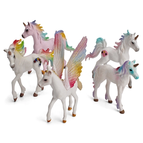 Realistic Unicorn Pegasus Animal Model Figures Rainbow Mane Glitter Wings Plastic Mythical Creature Decoration Toy For Kids