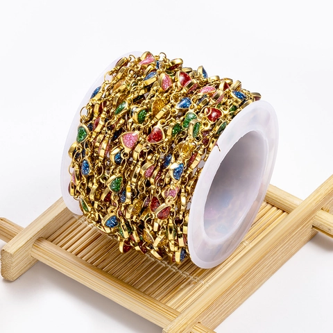 Cadena De Eslabones En Forma De Corazón De Acero Inoxidable Para Hacer Joyas DIY Esmalte Con Purpurina Colorida Chapado En Oro