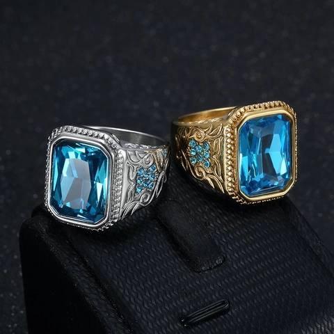 Anello Hip Hop Vintage Da Uomo In Acciaio Inossidabile Pietra Preziosa Rettangolare Blu Gioielli Punk