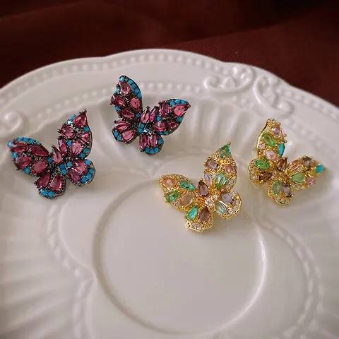 Pendientes De Botón De Mariposa Vintage Zircón De Colores Incrustaciones Cobre Con Silver Earring Post Joyería Elegante Mujer