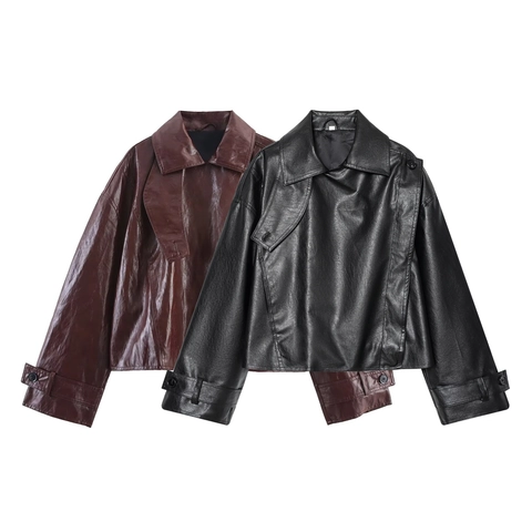 Women PU Leather Jacket Loose Fit Lapel Retro Casual Motorcycle Style Long Sleeve Outerwear Solid Color