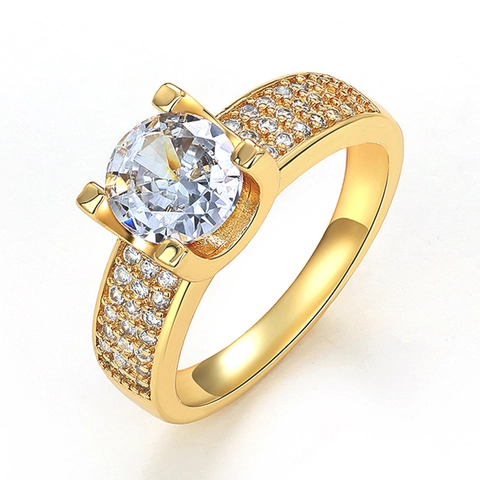 Bague De Luxe En Zircon Cuivre Serti De Griffes Rond Clair CZ Micro Pave Fiançailles Mariage Bijoux Pour Femmes