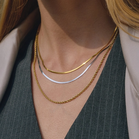 Collana A Strati Per Donna Acciaio Inossidabile Impermeabile Ipoallergenico Bicolore Oro Argento Catena Serpente Piatta Corda Gioielli