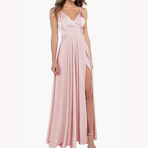 Women Satin Evening Dress Spaghetti Strap V-Neck High Slit Floor Length Backless Formal Prom Party Gown Ruched
