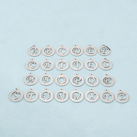 Round Alphabet Letter A-Z Pendants Stainless Steel Hollow Design DIY Jewelry Making Charms Silver Color Accessory