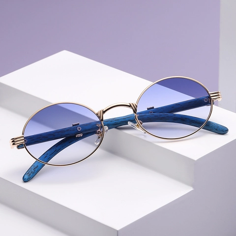 Retro Oval Sunglasses With Metal Frame And Wood Grain Temples UV400 Protection Vintage Eyewear