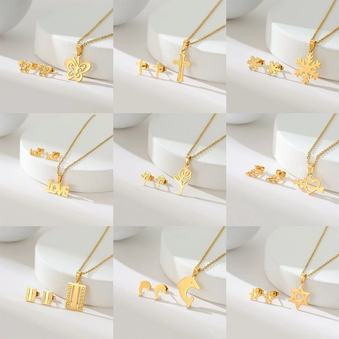 Elegant Gold Plated Stainless Steel Jewelry Including Necklace And Earrings For Women Featuring Hollow Out Geometric Pendants