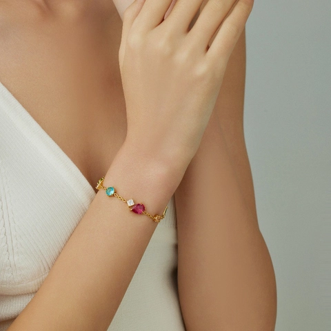 Elegant Stainless Steel Zirconia Bracelet For Women Gold Plated Luxury Multicolor Crystal Link Chain Bracelet Fashion Jewelry