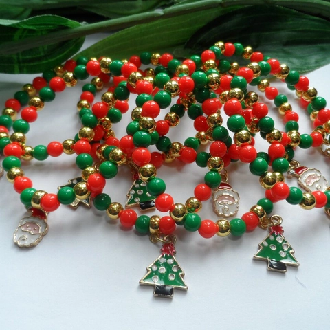 Christmas Beaded Bracelet With Alloy Santa Snowman Christmas Tree Charms Acrylic Beads Holiday Jewelry For Women