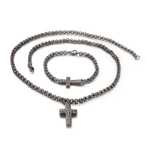Collar Y Pulsera De Cruz Martillada Vintage De Acero Inoxidable Joyería Desgastada Para Hombres Mujeres Estilo Punk