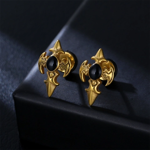 Gothic Punk Stud Earrings 316L Stainless Steel Cross Bat Wings Oval Resin Stone Retro Jewelry Unisex