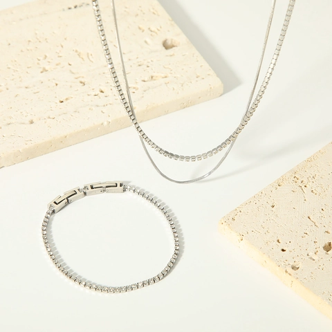 Double Layer Necklace And Bracelet Jewelry Stainless Steel Zircon Rhinestone Snake Tennis Chain Shiny Minimalist Luxury