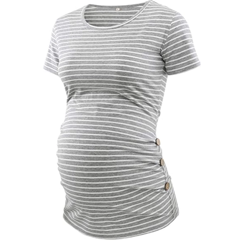 Maternity Short Sleeve T-Shirt Side Ruched Decorative Buttons Round Neck Casual Comfy Pregnant Women Top Striped Solid