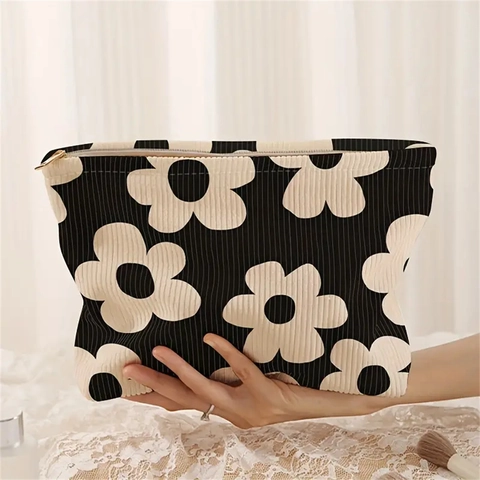 Borsa Per Cosmetici In Velluto A Coste Con Stampa Floreale Pochette Da Trucco Chiusura Lampo Organizer Da Viaggio Portatile