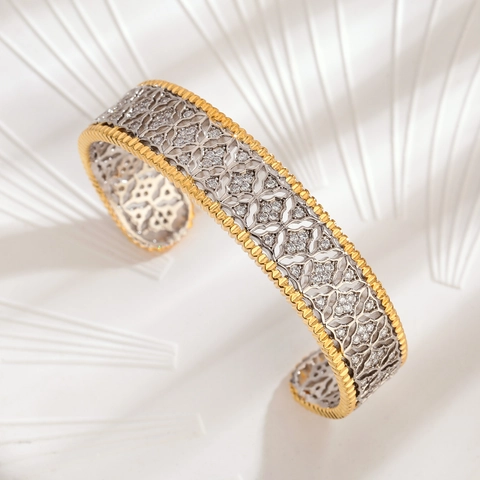 Vintage Italienischer Stil Kupfer Strass Offener Armreif Hohl Waben Graviert Gold Silber Zweifarbig Armreif Ring Damen Schmuck