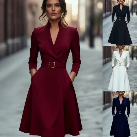 Elegant Long Sleeve Midi Dress V Neck Solid Color High Waist A Line With Belt Pocket Polyester Commute Women