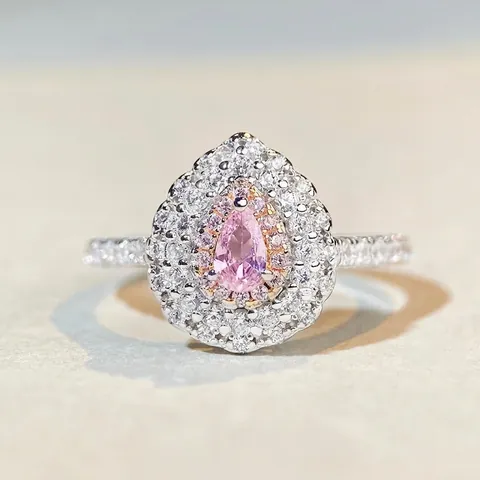 Bague En Argent Sterling 925 Avec Pierre Rose Taille Poire Élégant Double Halo Goutte D'eau Bijoux Pavé Pour Femmes