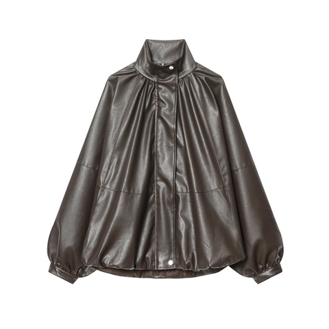 Giacca Da Donna In Ecopelle PU Collo Alto Cerniera Maniche A Lanterna Oversize Streetwear Biker Cappotto Marrone Scuro