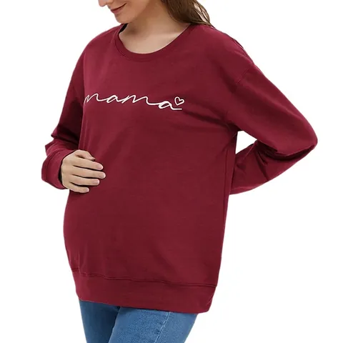 Mama Letter Print Hart Grafische Zwangerschapshoodie Lange Mouwen Ronde Hals Katoenmix Casual Wijnrood Sweatshirt Voor Zwangere Vrouwen