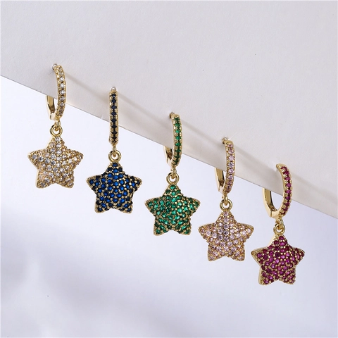 Mode Ster Drop Oorbellen Voor Vrouwen Koper Zirconia Ingelegd Vergulde Pentagram Hoop Oorbellen Elegant Sieraden Cadeau