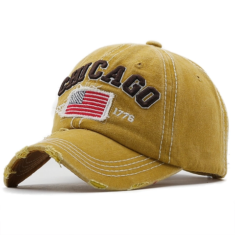 Cappello Da Baseball In Cotone Lavato Retro Con Ricamo Chicago E Bandiera Americana Distressed Per Uomo Donna