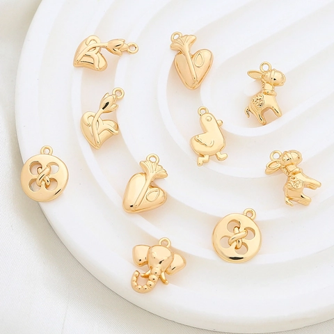 Real Gold Plated Copper Pendants Animal Shape Heart Button Duck Elephant Charms For DIY Jewelry Making Necklace Accessory