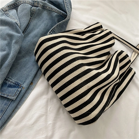 Striped Canvas Tote Bag Large Capacity Casual Shoulder Handbag Retro Style Women Daily Shopping
