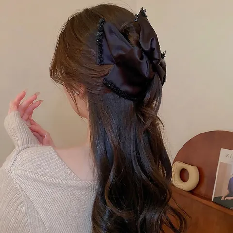 Grande Molletta Per Capelli Con Fiocco In Satin E Perline Strass Elegante Pinza In Tessuto Accessorio Vintage Donna