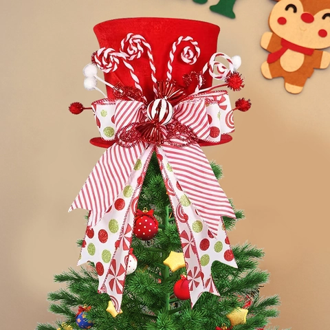Weihnachtsbaumspitze Hut Samt Stoff Große Schleife Faltbar Frühling Ornament Zuckerstangen Deko Feiertag Xmas Party