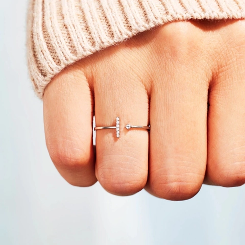 925 Sterling Silver Zircon T-Shape Open Ring Minimalist Adjustable Geometric Fashion Finger Jewelry For Women
