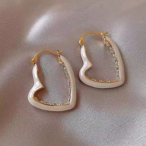 Pendientes de Aro de Corazón Vintage Francés para Mujer Cobre Chapado en Oro Esmalte Strass Joyería Elegante Regalo