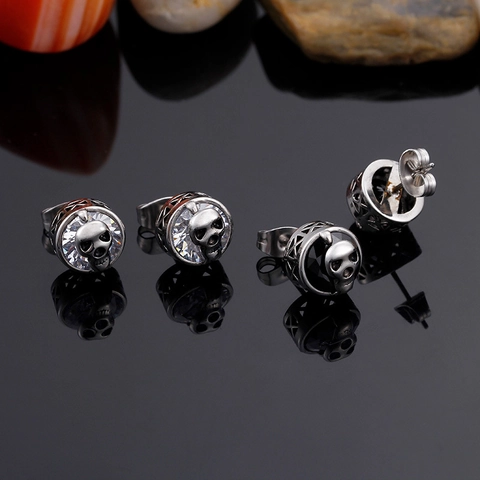 Skull Stud Earrings Stainless Steel Punk Gothic Style Vintage CZ Inlaid Jewelry For Men Women