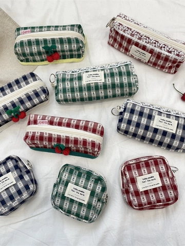 Canvas Plaid Pencil Case Makeup Bag Kawaii Gingham Storage Pouch With Cherry Decor Lace Trim Japanese Zakka Style Women