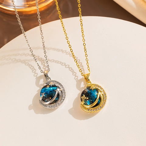 Titaniumstaal Sterrenhemel Maan Planeet Hanger Ketting Voor Vrouwen Luxe Zirconia Ingelegd Franse Vintage Ster Maan Choker