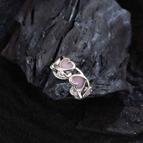 Bague Ouverte Cœur Évidé en Émail Rose Design Unique pour Femmes Bague Ajustable en Cuivre Électroplaqué Bijoux de Doigt Cœur