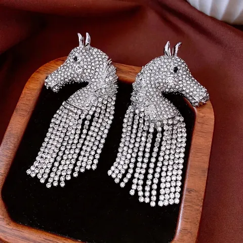Alloy Horse Head Rhinestone Tassel Dangle Earrings With Silver Earring Post Vintage Luxury Fashion Jewelry For Women