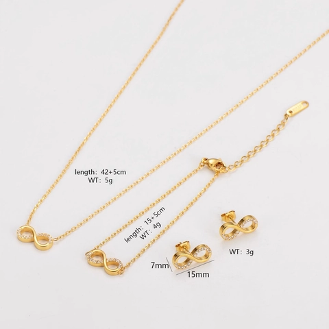 Collana Bracciale Orecchini a Bottone con Simbolo dell'Infinito in Acciaio Inossidabile 304 per Donna con Zirconia Intarsiata