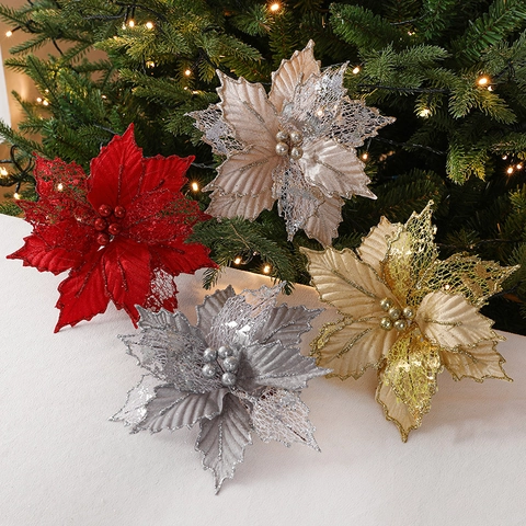 Glitter Artificial Poinsettia Flowers Mesh Fabric Christmas Tree Ornaments For Festive Home Party Decorations Holiday Decor