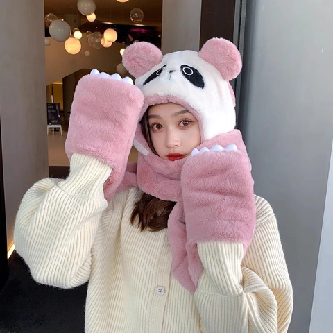 Cartoon Panda Integrated Hat Scarf Glove Set Plush Faux Rabbit Fur Thickened Warm Winter Hooded For Women Girls