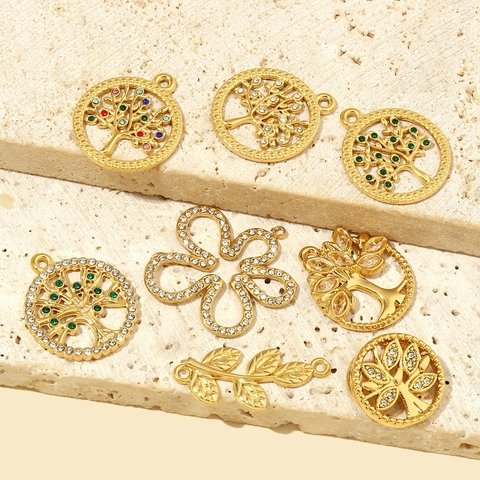 Levensboom Bloem Blad Hanger Roestvrij Staal Strass Zirkoon Voor DIY Sieraden Maken Frans Vintage Rond Kleurrijk